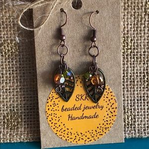 Bronze leaf 🍂 earrings with crystal drops